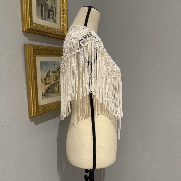 Vintage Beaded Fringe Shawl White Lace Floral Capelet Bridal Wrap Sparkly Party - Picture 4 of 13